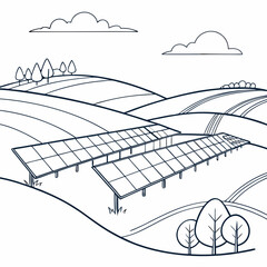 Vector art of solar panel farm on rolling hills clean energy concept with photovoltaic panels in a rural landscape, creating a sustainable and ecofriendly power source
