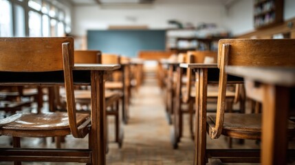 Classroom with Empty Desks and Chairs, Ready for Students, Showing Education and Learning