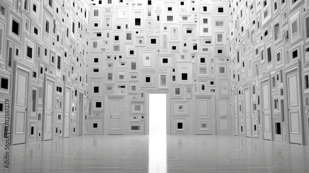 Poster abstract room with multiple frames and a bright open doorway