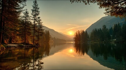 Scenic Mountain Lake at Sunset Surrounded by Conifer Trees in Peaceful Natural Setting