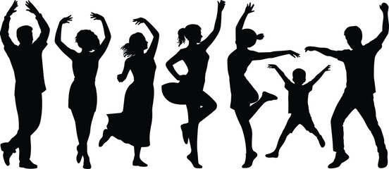 Silhouettes of joyful people dancing and celebrating together, expressing freedom, happiness, movement, family fun, energy, unity, and diverse emotions in black.