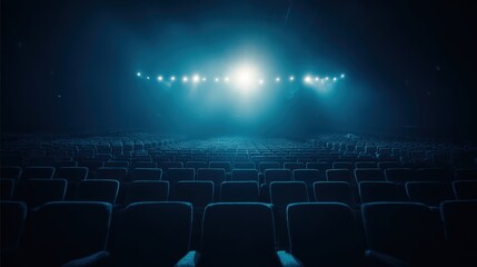 Naklejka premium Empty Theater with Stage Lights and Rows of Seats, Ready for Performance or Presentation