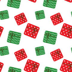 Seamless pattern with colorful gift boxes in red and green isolated on white background.Repeat pattern of gift with ribbon for Christmas and happy new year.Present vector illustration wallpaper.