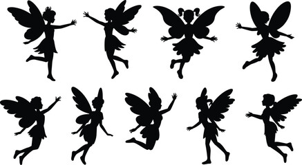 Silhouettes of fairy girls with wings in various playful poses, magical fantasy characters, whimsical fairy tale, flying girls illustrations