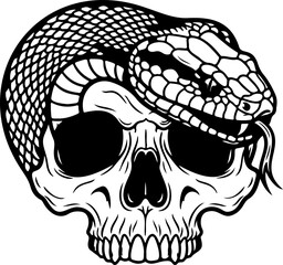 Striking skull entwined by a snake, a powerful emblem of mortality and transformation, perfect for edgy designs, tattoos, or gothic-themed projects originally a vector graphic