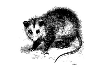 Naklejka premium a black and white drawing of an opossumanimal, drawing, illustration, mammal, mouse, possum, rodent, stand, tail 