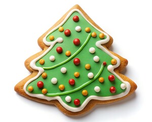 A festive christmas tree shaped gingerbread cookie decorated with green icing and colorful candies, isolated on white background