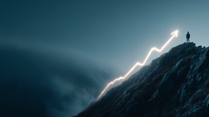 Conceptual image of a man standing on top of a mountain and looking at a rising arrow