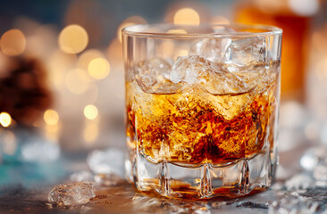 whiskey with ice on the rocks and bokeh background