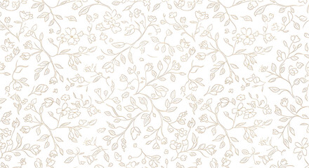 Elegant white-on-white seamless floral pattern featuring intricate branches, leaves, and small blossoms.
