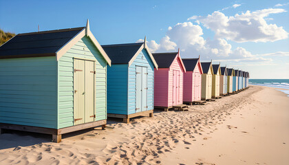 Colorful pastel beach cabins lined up by the shore