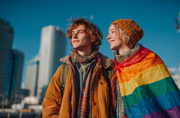 Fototapeta premium Two young men looking at each other with a rainbow flag in the city