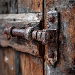 Close up of a rusty old metal bolt and wooden door showing signs of age and weathering