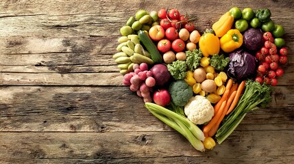 shallow. Fresh vegetables arranged in heart shape on rustic wooden table with warm natural tones and soft lighting. menu design.