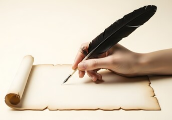 Hand holding a quill pen writing on an old parchment scroll with a light background