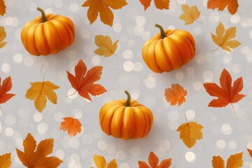 Autumn Knitted Pumpkins and Leaves on Bokeh Background