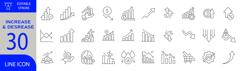 Increase and Decrease Icon Set. Vector Illustrations of Growth, Decline, Up Arrow, Down Arrow, Progress, Loss, Business Analytics, Finance, Economy and Data Statistics