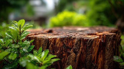 Fototapeta premium Wooden Stump Display in Lush Greenery, Perfect for Product Mockups and Natural Themed Backgrounds