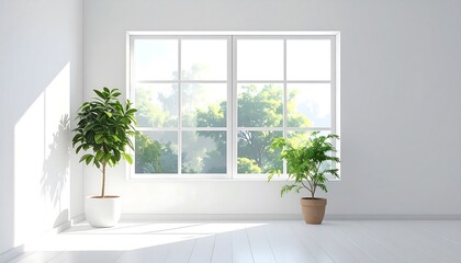 Fototapeta premium A bright, sun-drenched room with two potted plants and a large window displaying a verdant outdoor view.