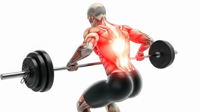 Anatomical illustration of a man performing a barbell row exercise, highlighting the muscles engaged in the back and arms during the workout.