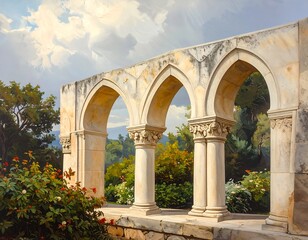Obraz premium Ancient arches, stone columns, garden view