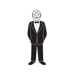 Old man with formal suit black and white vector illustration for classic portrait artwork design