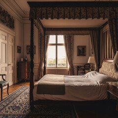 Chambre d’hôtel de luxe avec lit à baldaquin, décoration classique et ambiance élégante et raffinée
