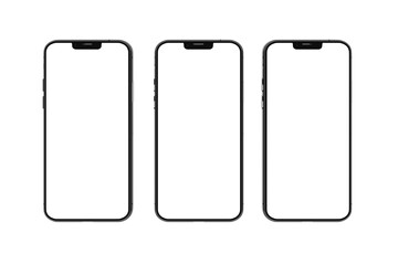 Three modern smartphone mockups featuring a blank white screen and black frames are arranged side by side on a white background