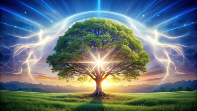 Abstract Tree of Life with luminous branches representing universal attraction energy