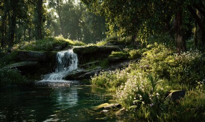 Fototapeta premium Serene Waterfall in Lush Forest