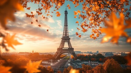 Eiffel Tower at dawn, framed by autumn leaves
