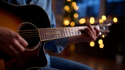 Naklejka premium Musician playing acoustic guitar on cozy evening with bokeh lights