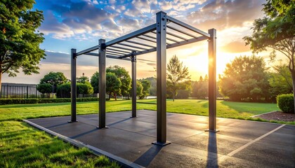 Empty outdoor calisthenics gym basking in the golden light of a beautiful sunrise, a serene space for a healthy lifestyle and morning workout