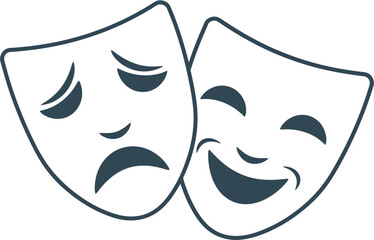 Minimalist Outline Dual Theatrical Masks Depicting Comedy and Tragedy Icon