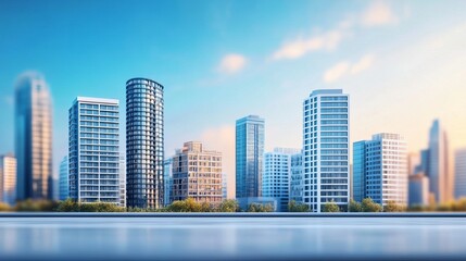 Fototapeta premium Modern city skyline at dawn, with tall buildings and a paved road in the foreground