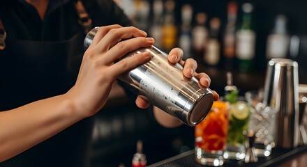 bartender shaking cocktail shaker at bar