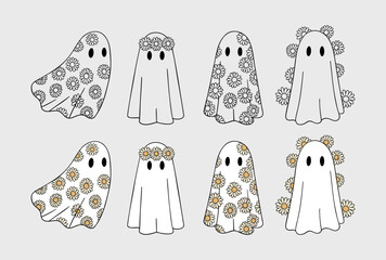 Cute Daisy Ghosts Clipart Set. Spooky Season, Halloween