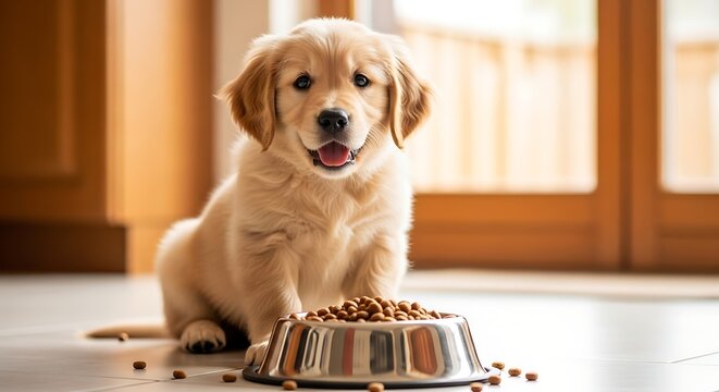 Adorable Golden Retriever Puppy Eating Food.