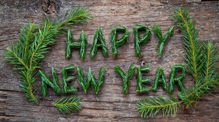 The phrase “HAPPY NEW YEAR” arranged from fir branches on a wooden surface, surrounded by pine needles, creating a festive winter atmosphere and natural holiday decor.
