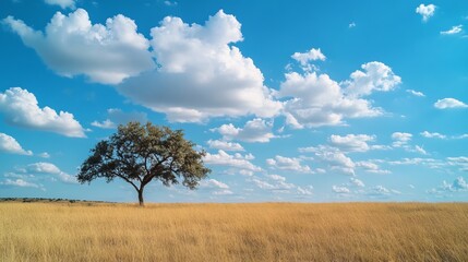 Fototapeta premium Solitary tree on a golden field under a vast blue sky