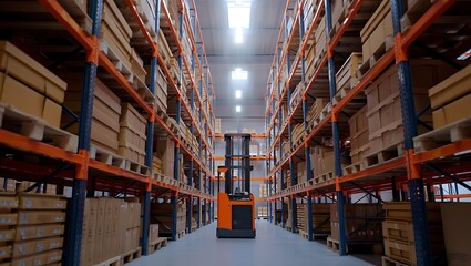 Modern Industrial Warehouse Storage with Forklift in Operation Stock Management