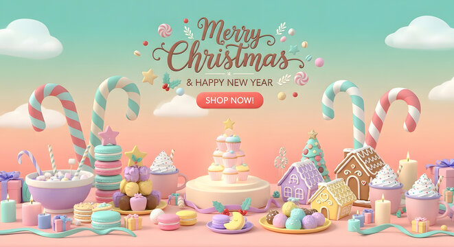 Whimsical merry christmas and happy new year greeting with a festive display of colorful candies and sweets
