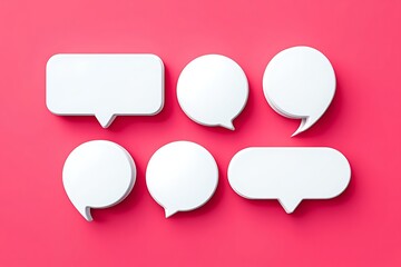 Collection of Six Blank White Speech Bubbles on a Bright Pink Background