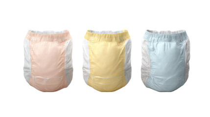 Three pastel diapers, peach, yellow, blue, aligned on a black background
