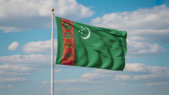 Turkmenistan flag waving proudly against a bright blue sky with fluffy white clouds, national symbol