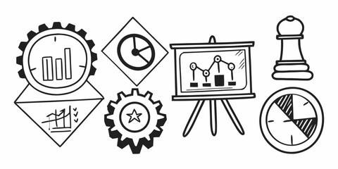 Fototapeta premium Hand drawn doodle illustration of business strategy elements including charts gears and a chess piece icon