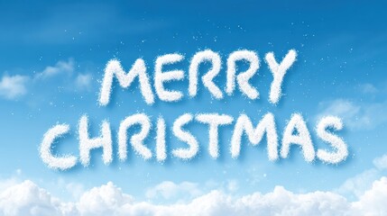 The phrase Merry Christmas written in white cloud letters on a blue sky background. Greeting card