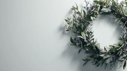 Decorative wreath made of green branches on light wall. Space for text