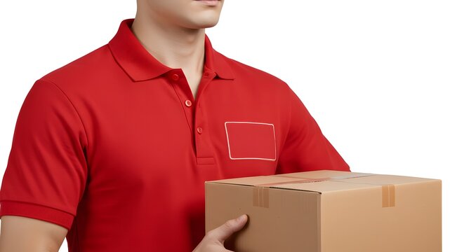 Professional courier in a vibrant red uniform, carefully holding a brown cardboard box, symbolizing efficient and reliable package delivery services and fast shipping solutions for modern businesses
