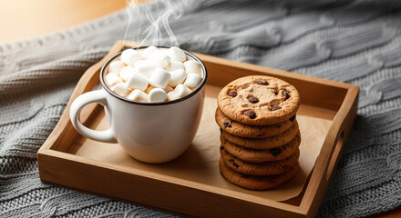 Steaming Hot Chocolate with Marshmallows and Chocolate Chip Cookies on a Tray
